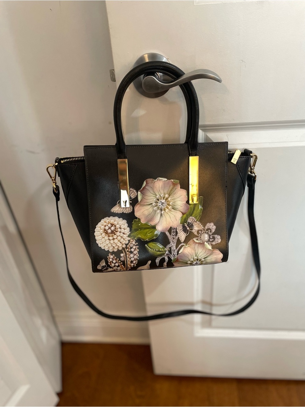 Ted Baker Black Satchel with Pink and Green Floral Appliqué